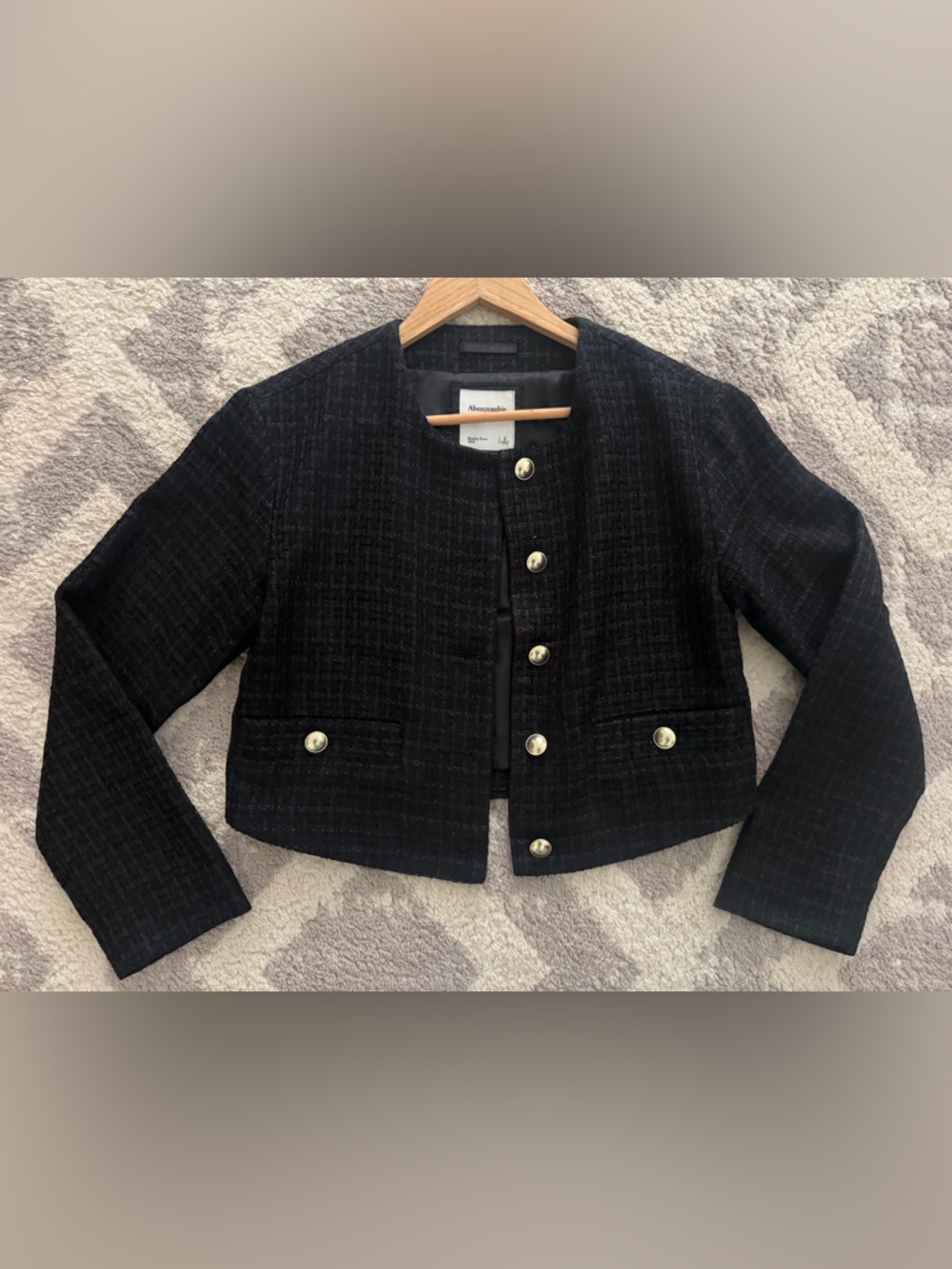 Abercrombie & Fitch Black Jacket with White Label Gold buttons Collarless Tweed
